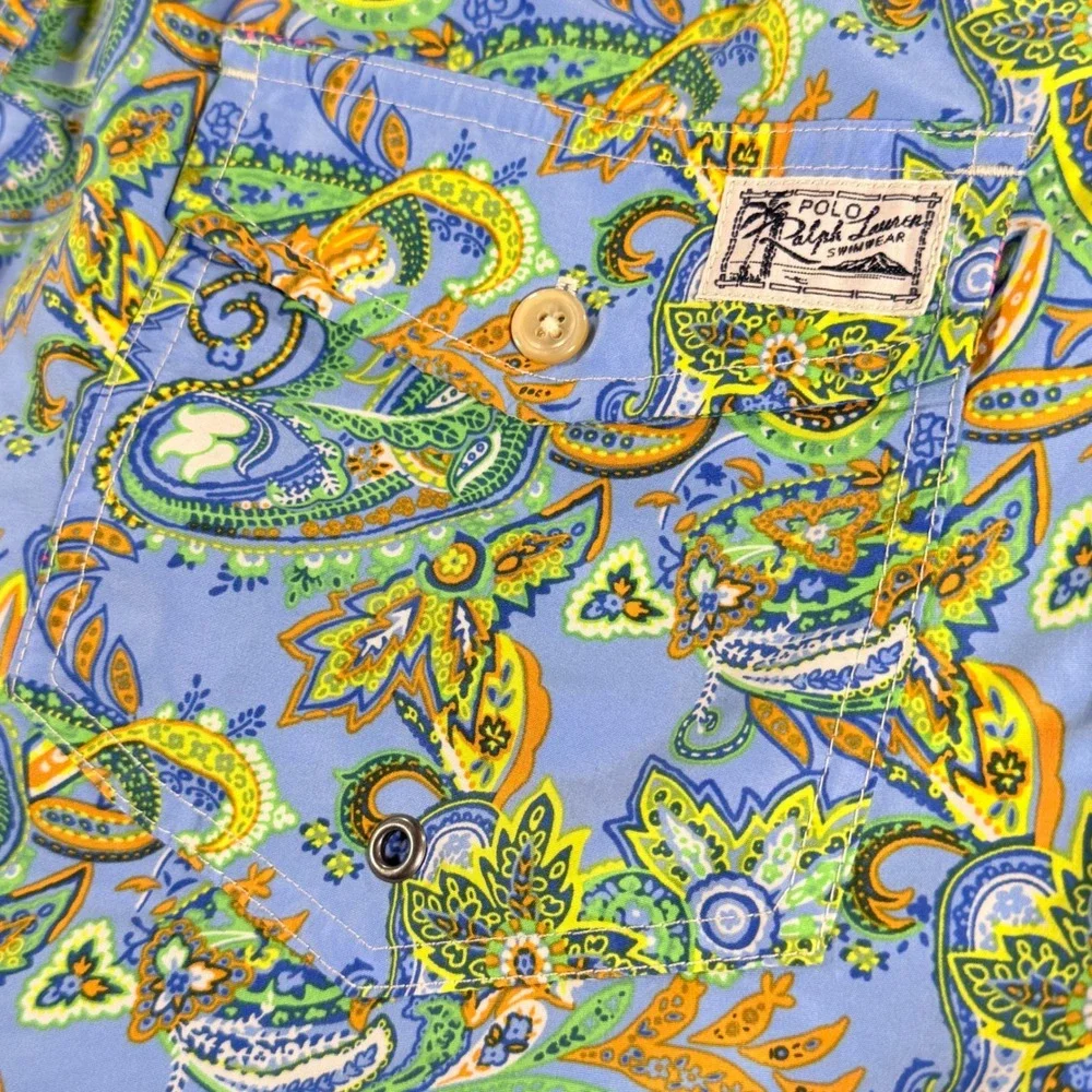 Polo Ralph Lauren Mens Paisley Swim Trunks Blue Green Yellow Medium 5.5 Inseam‎